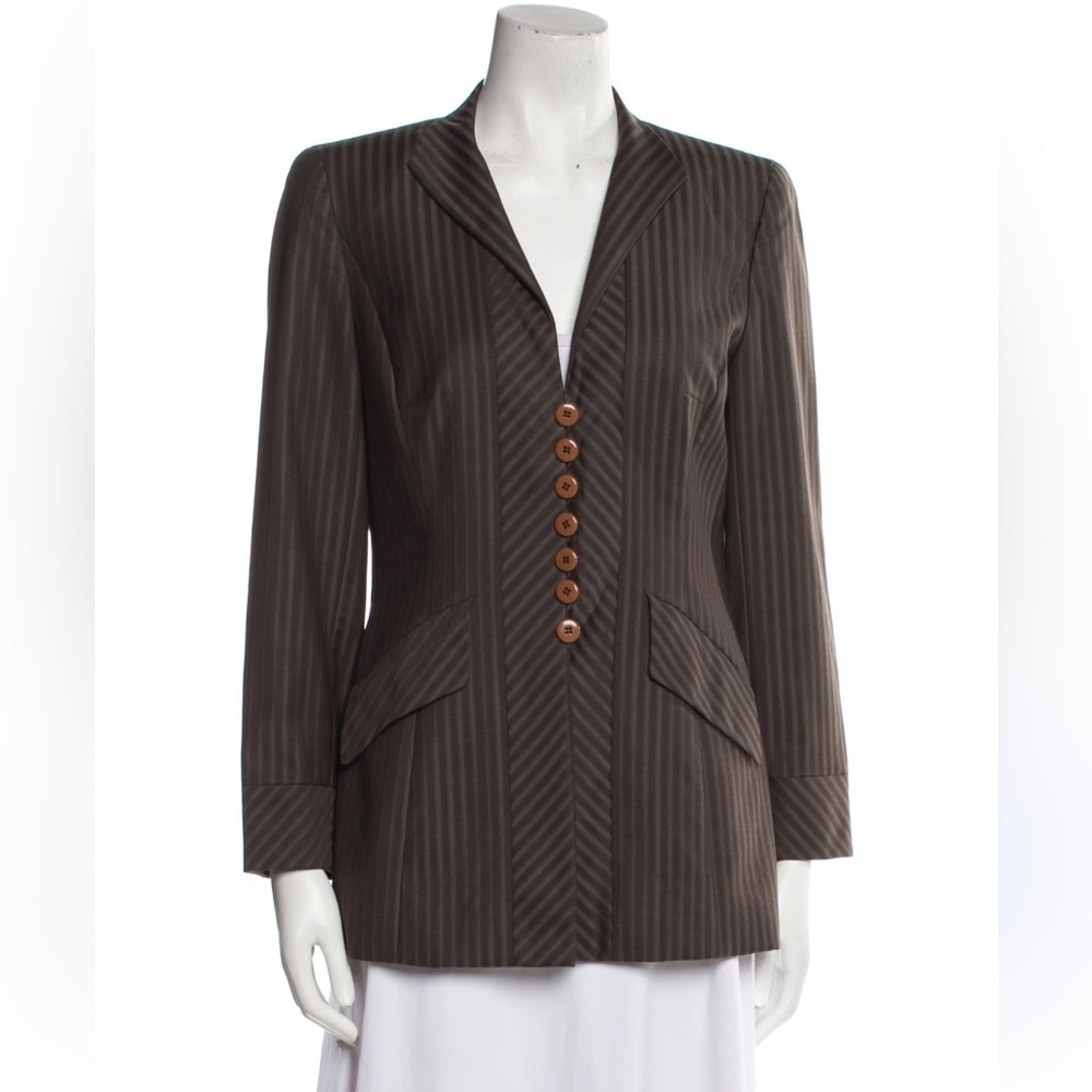 Escada Brown 100% Pure New Wool Stripped Blazer Size Medium